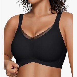 OEAK Wireless V Mesh Comfortable Supportive T-Shirt Bra No Underwire Black XL